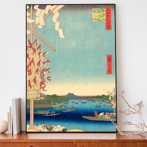Traditional Japanese Poster, Utagawa Hiroshige Woodblock Print for Asian Home Decor, Miyato River by Great Bank of Asakusa