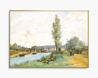 Vintage River Landscape Print — Countryside Oil Painting