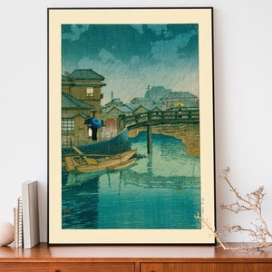 Japanese Village Poster, Vintage Woodblock Art, Kawase Hasui Illustration, Japandi Decor, Zen Wall Art