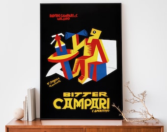 Op de afbeelding: Een vintage poster die reclame maakt voor Bitter Campari, een Italiaanse aperitief. De poster toont een gestileerde illustratie van een persoon die uit een glas drinkt, met geometrische vormen in rood, geel, blauw en wit op een zwarte achtergrond. De tekst "Bitter Campari L'Aperitivo" is in geel gedrukt.