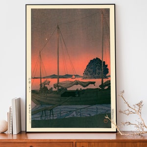Póster japonés, xilografía, puesta de sol en el puerto de Kawase Hasui, decoración Japandi, póster del océano