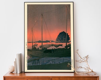 Japanisches Poster, Holzschnittkunst, Hafensonnenuntergang von Kawase Hasui, Japandi Dekor, Ozean Poster