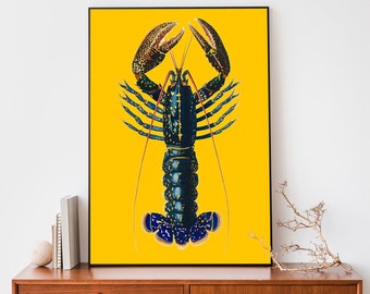 Lobster Art Print, Bright Yellow Poster, Nautical Wall Art, Antique Sea Life Wall Art, Marine Life Poster, Coastal Decor
