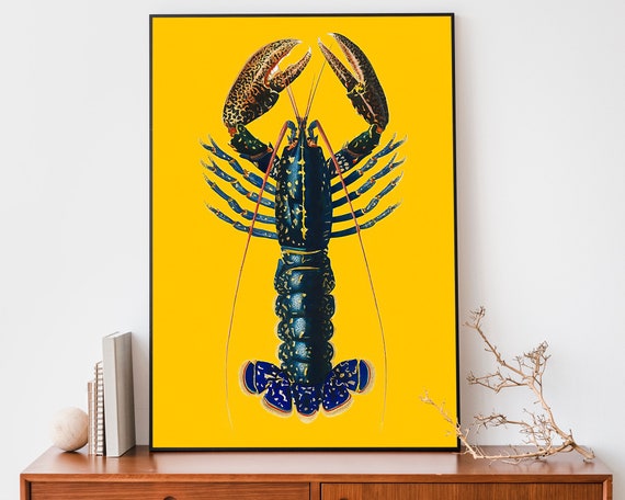 Lobster Art Print, Bright Yellow Poster, Nautical Wall Art, Antique Sea Life Wall Art, Marine Life Poster, Coastal Decor