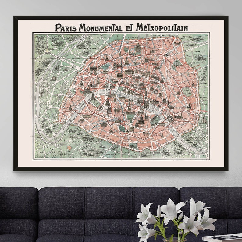 Vintage Old Map of Paris Metro Print, Antique Paris Metro Wall Art ...