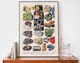 Lámina artística vintage de minerales y gemas, póster de gráfico científico, arte mural rústico bohemio