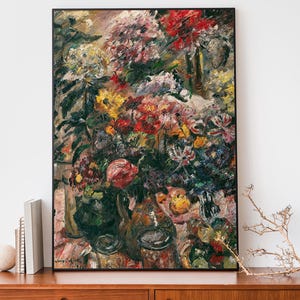 May include: A framed oil painting depicting a still life of colorful flowers in a vase. The flowers are arranged in a loose, natural style, and the colors are vibrant and expressive. The painting is set against a dark background, which helps to highlight the flowers.