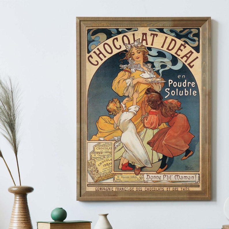 Ilustración vintage de Alphonse Mucha de chocolate, carteles publicitarios franceses retro, arte de pared Art Nouveau, decoración francesa imagen 2