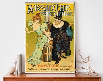 May include: Vintage poster advertising Absinthe Parisienne, a green liqueur. The poster features a woman in a green dress and a man in a black robe. The text on the poster reads "Absinthe Parisienne" and "Bois Donc, tu verras apres."