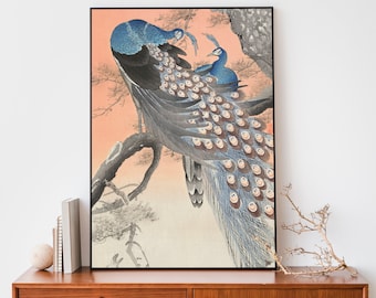 Ohara Koson Peacocks Art Print, Ilustración japonesa vintage, Grabado en madera japonés, Arte de pared brillante