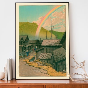 Japanese Rainbow Poster, Vintage Woodblock Art, Japanese Village by Kawase Hasui, Japandi Decor, Zen Wall Art