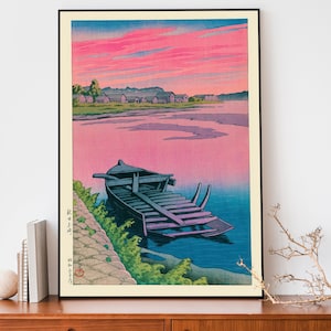 Póster japonés, arte en madera, ilustración de Kawase Hasui, decoración japonesa, póster del océano, arte mural con puesta de sol