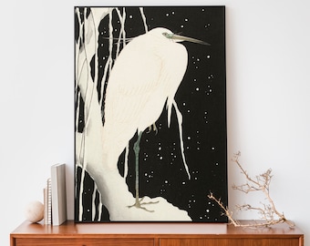 Heron In Snow Art Print, Vintage Ohara Koson Wall Art, Japanese Woodblock Art Print, Shin Hanga Wall Art