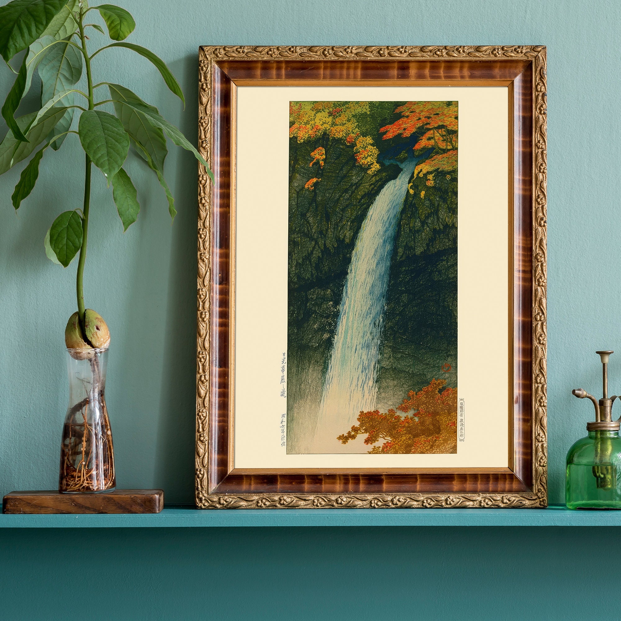 Vintage Japanese Waterfall Poster, Woodblock Art, Kawase