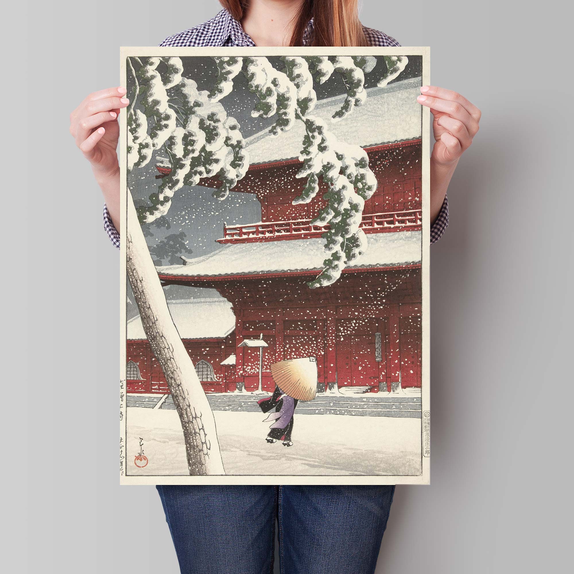 川瀬巴水版画、増上寺の雪、浮世絵ポスター、芸者版画、日本の木版画 