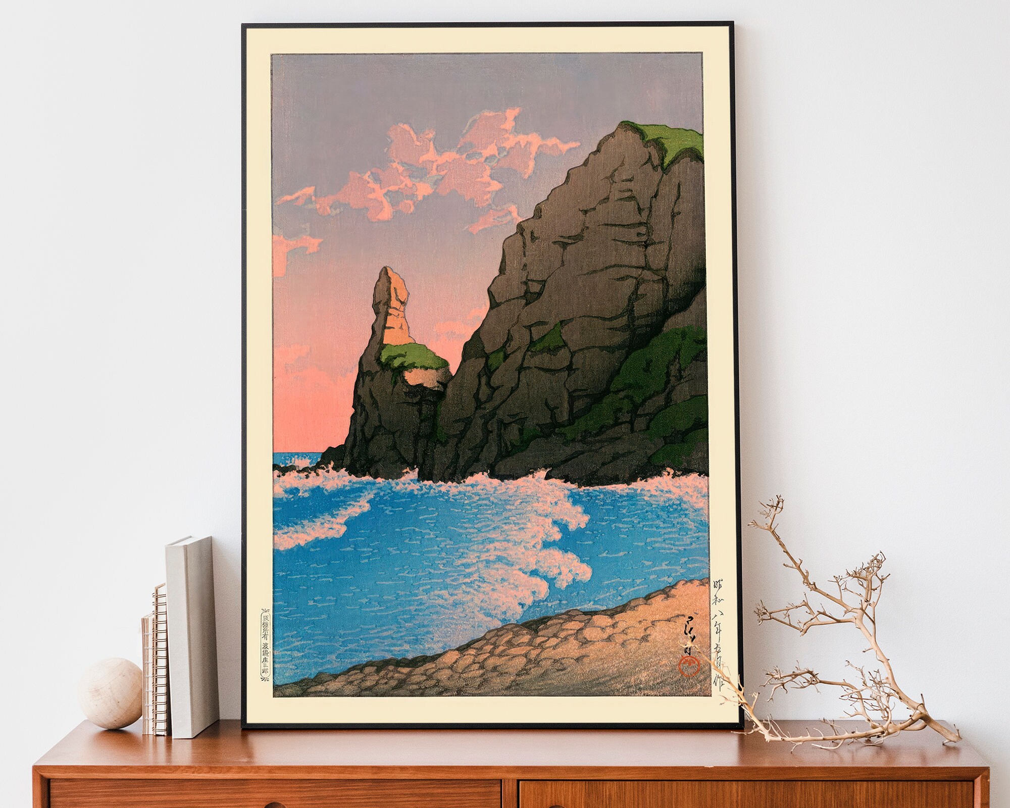 Japanese Poster, Woodblock Art, Setakamu Rocks in Shiribe by