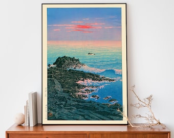 Japanese Poster, Woodblock Art, Morning of Cape Inu by Kawase Hasui, Japandi Decor, Ocean Poster