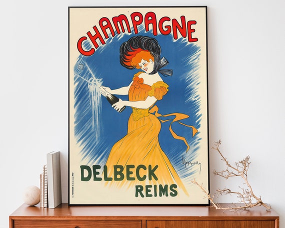 Champagne Poster, Vintage Alcohol Advertisement, Art Nouveau