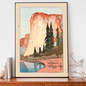 Vintage Japanischer Druck von Yoshida Hiroshi, El Capitan Yosemite Poster, Holzschnittkunst, Japandi Decor, traditionelle japanische Kunst