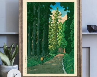 Vintage Japanese Forest Poster, Woodblock Art, Road to Nikko by