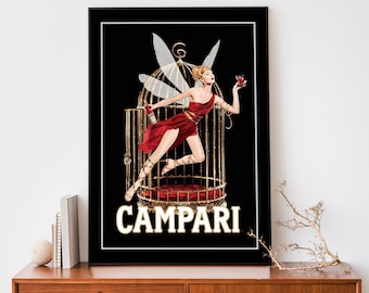 May include: A vintage-style poster featuring a woman with wings in a gold birdcage, holding a glass of red liquid. The poster has the text "CAMPARI" in white letters.