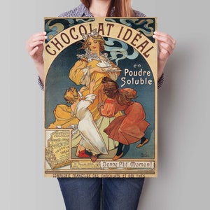 Ilustración vintage de Alphonse Mucha de chocolate, carteles publicitarios franceses retro, arte de pared Art Nouveau, decoración francesa imagen 3