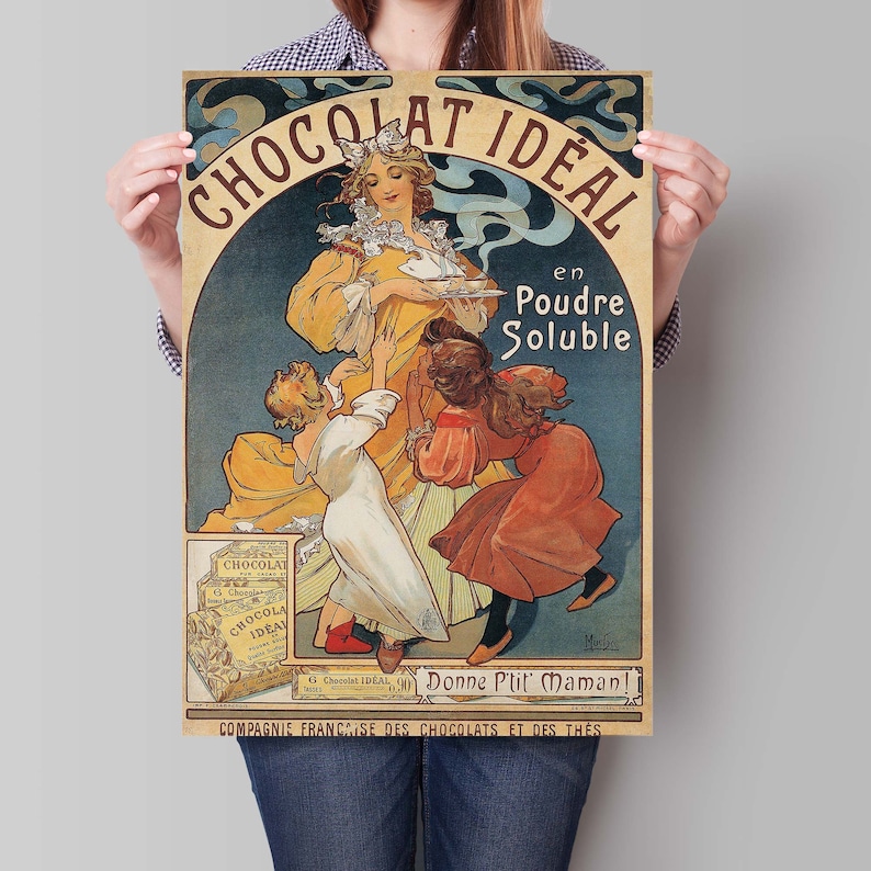 Ilustración vintage de Alphonse Mucha de chocolate, carteles publicitarios franceses retro, arte de pared Art Nouveau, decoración francesa imagen 3