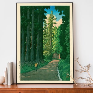 Pôster vintage de floresta japonesa, arte em xilogravura, Estrada para Nikko, de Kawase Hasui, decoração japonesa, arte de parede botânica