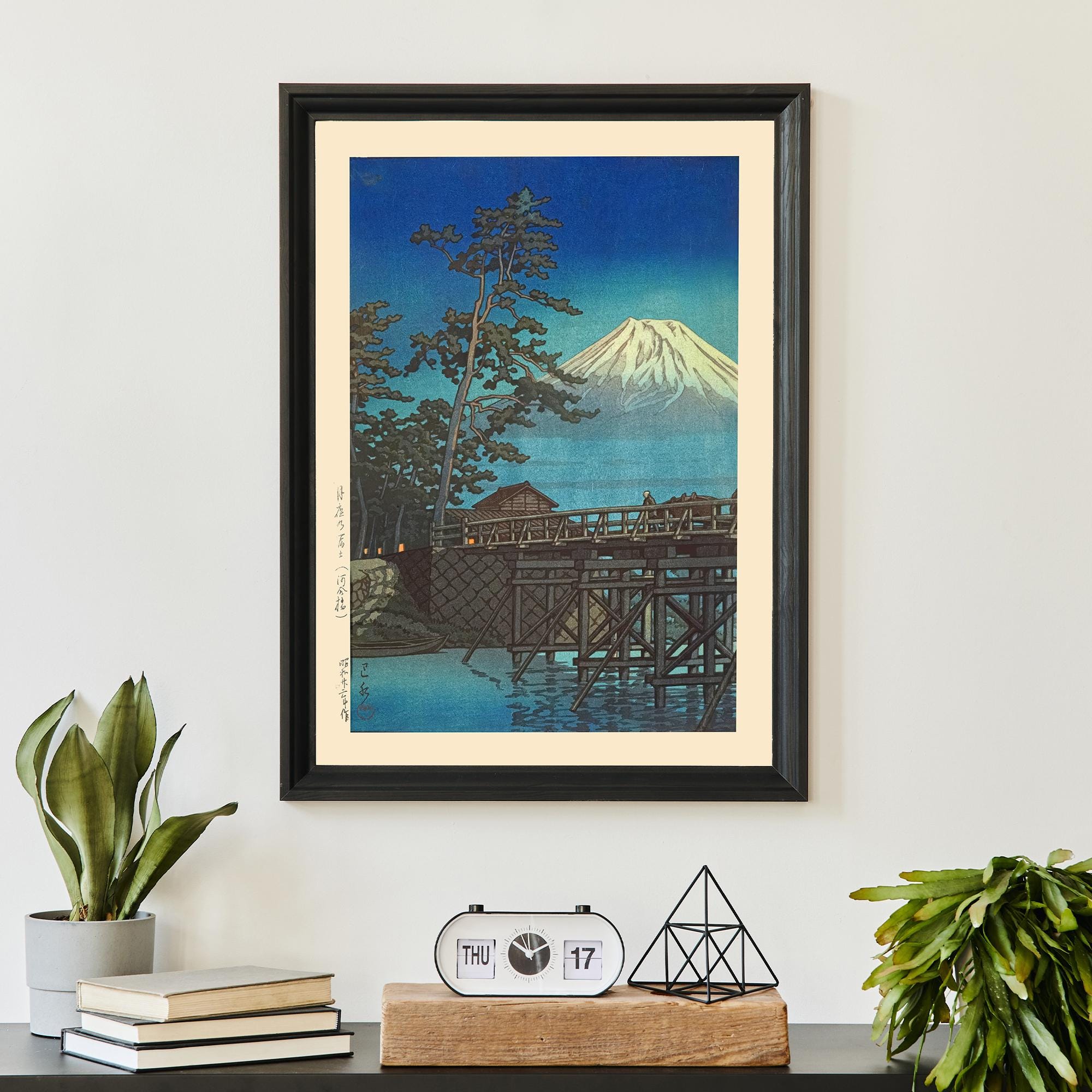 川瀬巴水アートプリント、富士山月光、ヴィンテージ日本木版画