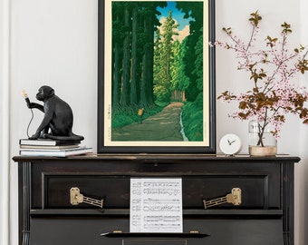 絵画 flk040096 Vintage Japanese Forest Poster, Woodblock Art, Road to Nikko