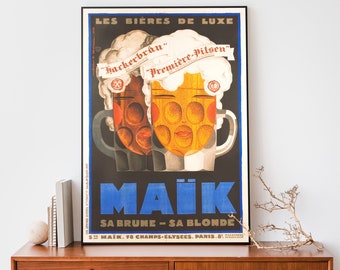 Vintage Franse reclamekunstdruk 'Maik Beer', decor Parijs