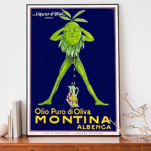 Manifesto pubblicitario vintage dell'olio d'oliva Fontina Albenga, arte gastronomica italiana retrò, decorazione da parete per cucina, poster fantastico