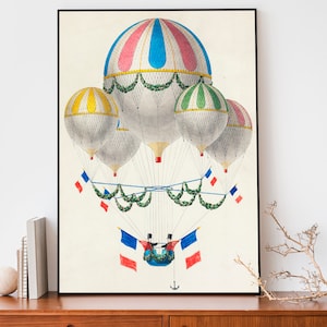Kids Room Hot Air Balloon Art, Vintage Travel Poster, Aviation Wall Art, French Flag Illustration