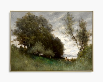 Vintage Landscape Art Print, Riverside Oil Painting, Farmhouse Decor, Countryside Painting
