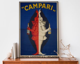 May include: A vintage poster advertising Campari, a red Italian liqueur. The poster features a stylised illustration of a person in a red and white costume holding a bottle of Campari. The text on the poster reads "Campari" and "Davide Campari & C. - Milano".