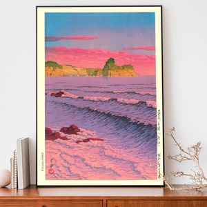 Japanisches Poster, Holzschnitt, Morgenmeer in Shiribeshi von Kawase Hasui, Japandi Dekor, Ozean Poster