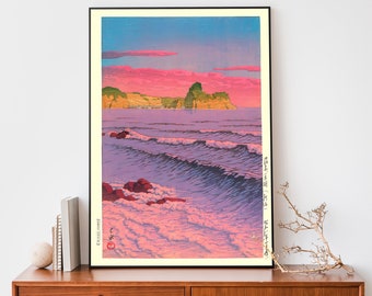 Japanese Poster, Woodblock Art, Morning Sea at Shiribeshi by Kawase Hasui, Japandi Decor, Ocean Poster