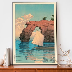 Póster de vela japonesa, arte en xilografía, isla Zaimoku de Kawase Hasui, decoración Japandi, póster del océano