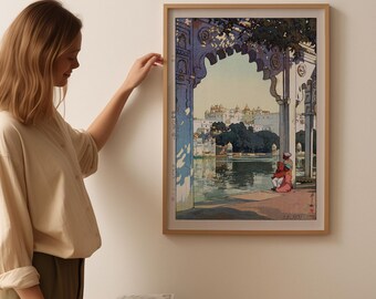 吉田博によるヴィンテージインド寺院の版画、アジアの木版画アート