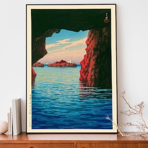 Póster náutico japonés, xilografía, cueva Kojaku de Kawase Hasui, decoración Japandi, póster oceánico