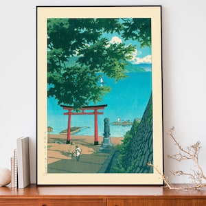 Japoński plakat, drzeworyt, jezioro Nikko Chuzenji autorstwa Kawase Hasui, wystrój japoński, plakat przyrodniczy, wystrój wnętrz w stylu zen