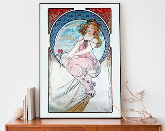 Impresión vintage de Alphonse Mucha, Ilustración de mujer, Arte de pared Art Nouveau, Decoración francesa