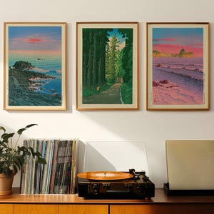 Póster japonés, xilografía, Mar matutino en Shiribeshi de Kawase Hasui, decoración Japandi, póster oceánico