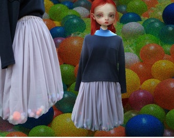 Women's ball skirt, loose skirt with multicolored pompoms, extravagant skirt, transparent effect skirt size 38 40 42