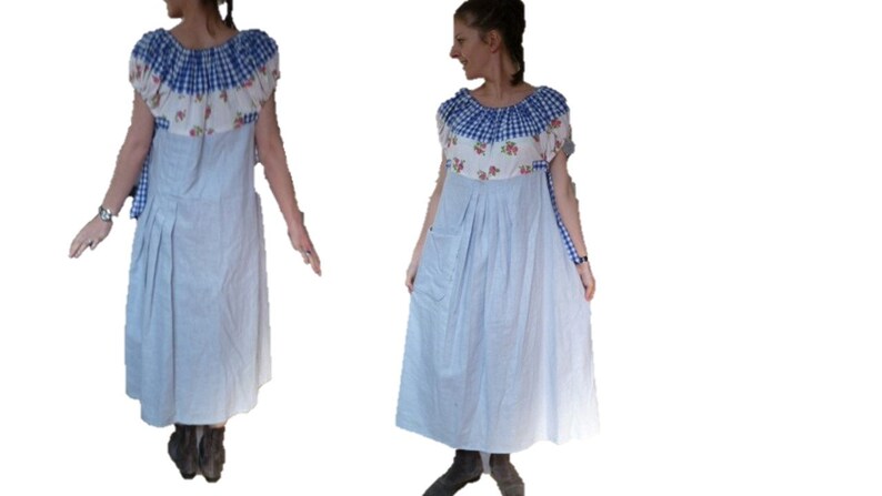 Maxi blue sky gingham shoulders bare and linen dress long boho loose small roses size 38 40 42