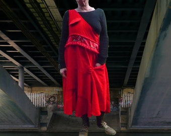 Asymmetrical red cotton dress, strap, boho chic dress loose size 40