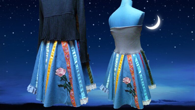 strapless asymmetrical Jean skirt multicolor patchworktextile art style size 38 40 42