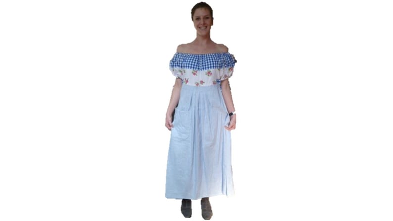 Maxi blue sky gingham shoulders bare and linen dress long boho loose small roses size 38 40 42