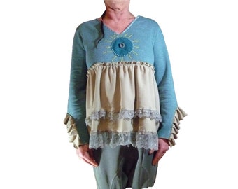 Booked, sweater sweatshirt loose blue grey woman with lace, loose sweatshirt ruffled sleeves boho hippie waist V size 38 40