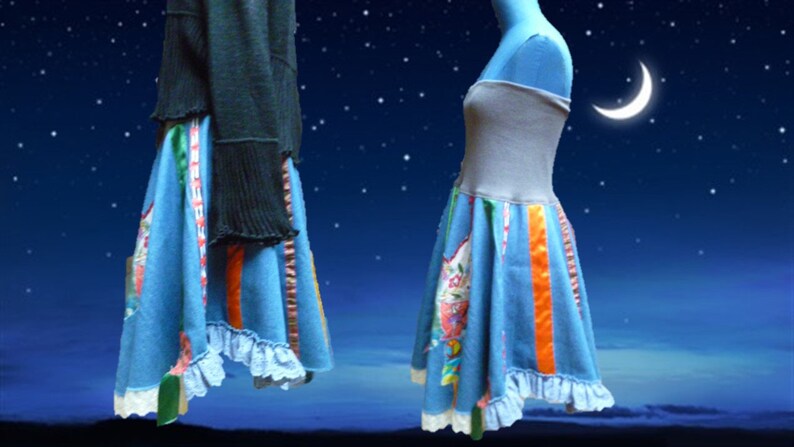 strapless asymmetrical Jean skirt multicolor patchworktextile art style size 38 40 42